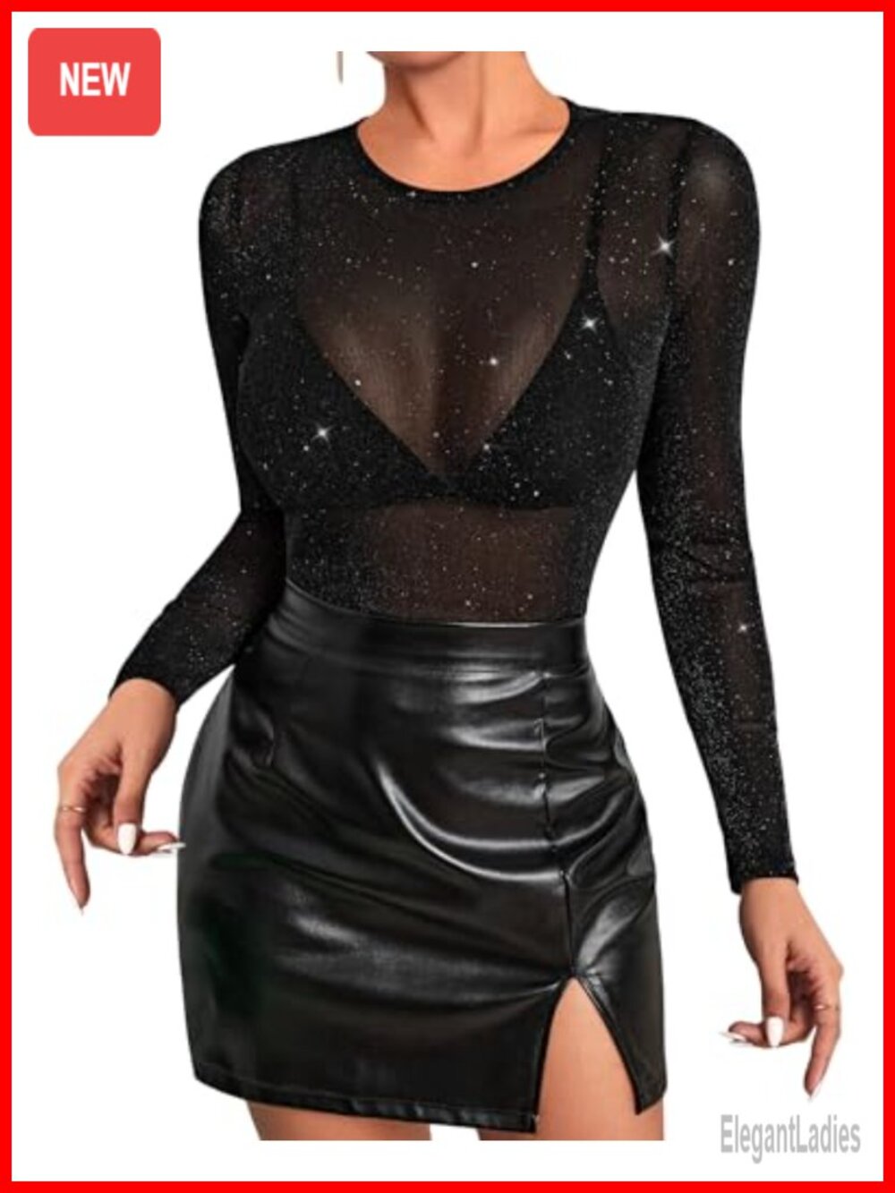 Glitter Sheer Mesh Long Sleeve Blouse